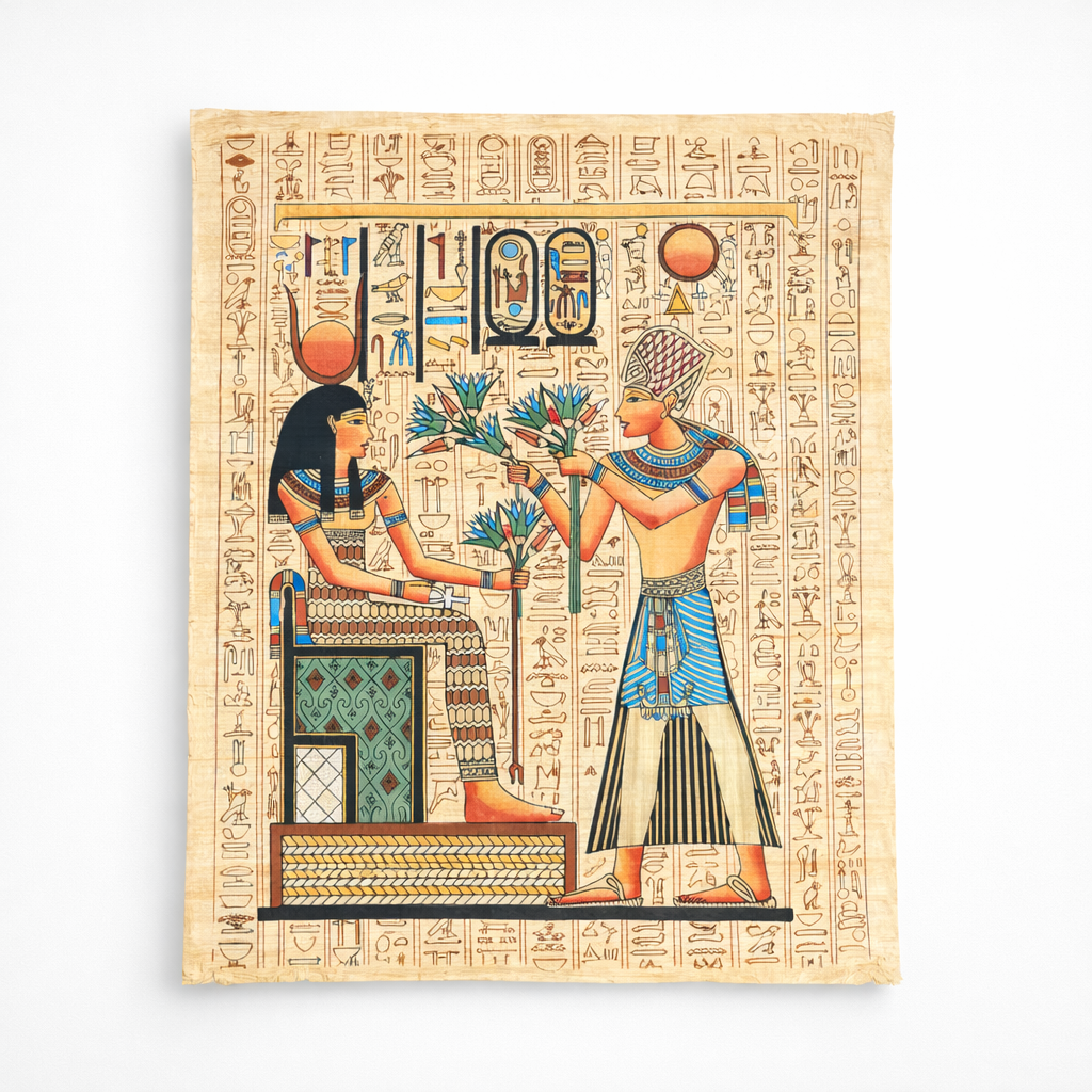Ramesses II Offering Lotus Flowers — Pharaoh & Queen Papyrus — hand-painted Egyptian papyrus art by Cairo artisans