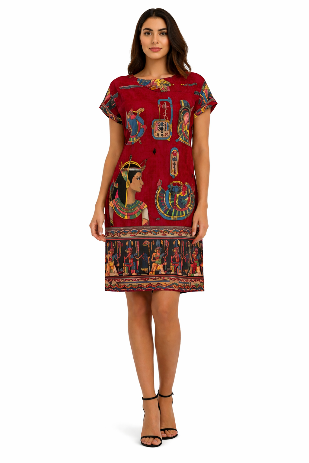 Nile Goddess Print Dress in royal blue with pharaonic motifs and gold accents – Sands of Giza