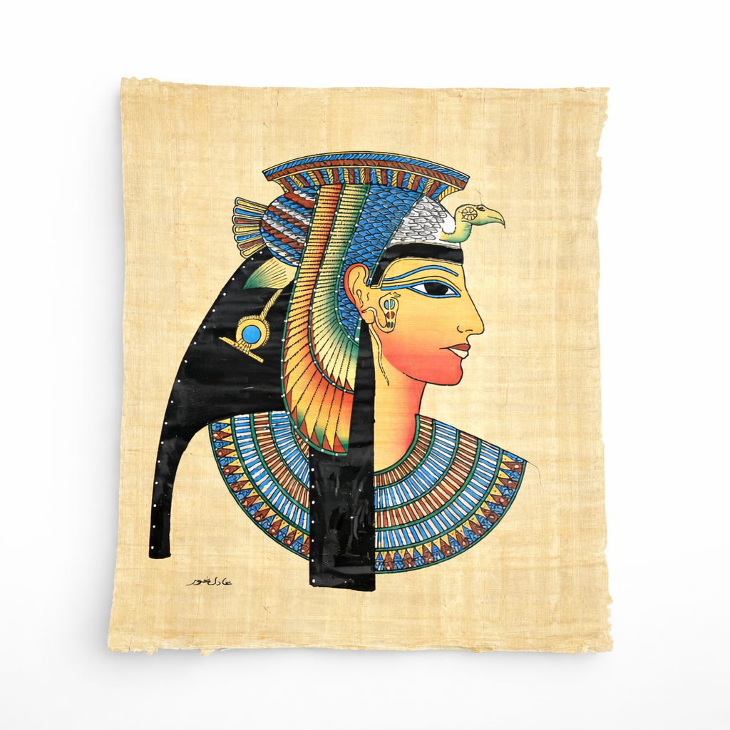 Queen Cleopatra — Detailed Portrait on Authentic Papyrus — hand-painted Egyptian papyrus art by Cairo artisans