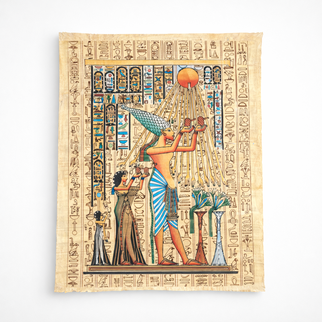Akhenaten Worshipping the Sun — Hand-Painted Papyrus Art — hand-painted Egyptian papyrus art by Cairo artisans