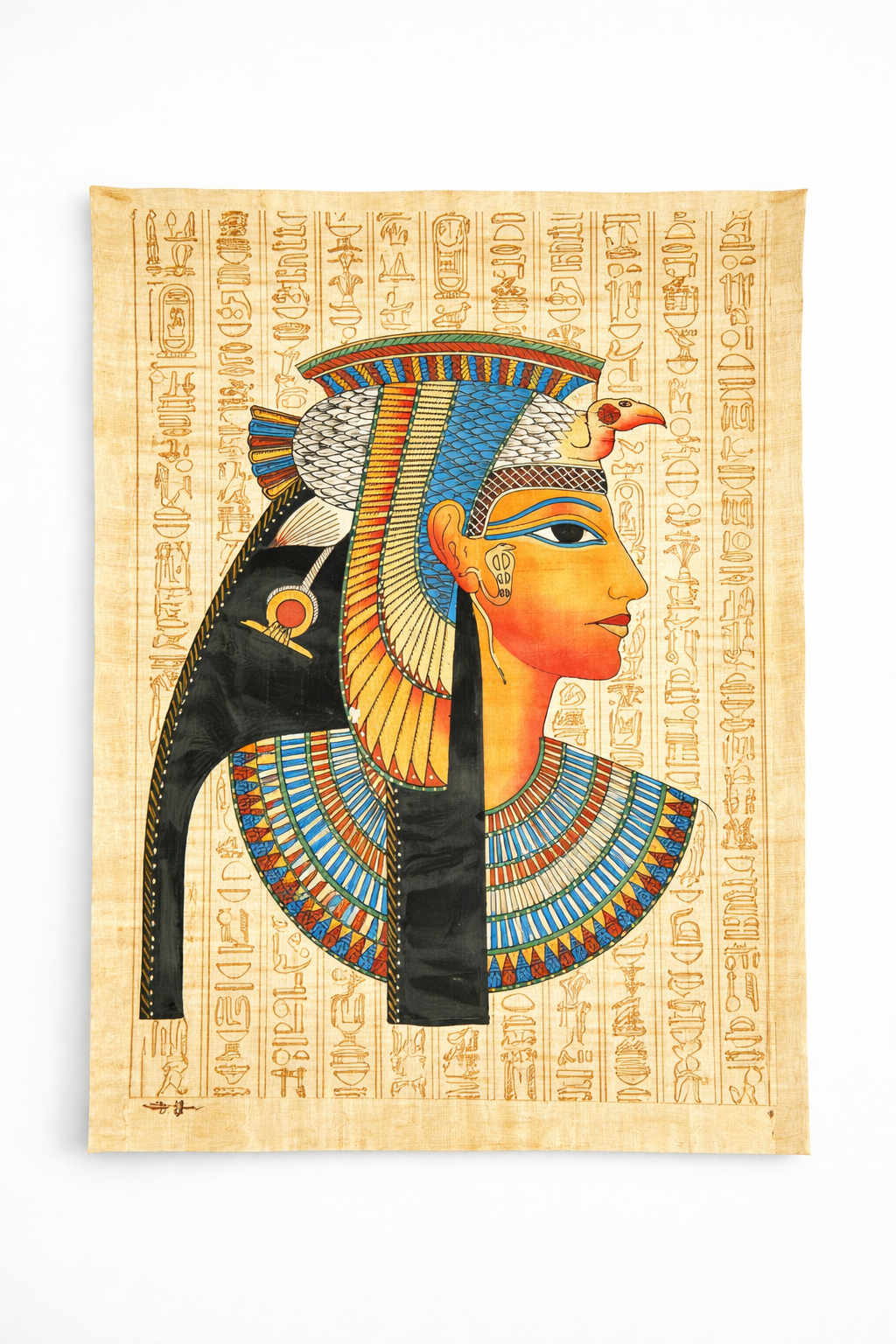 Queen Cleopatra — Dramatic Portrait on Papyrus — hand-painted Egyptian papyrus art by Cairo artisans