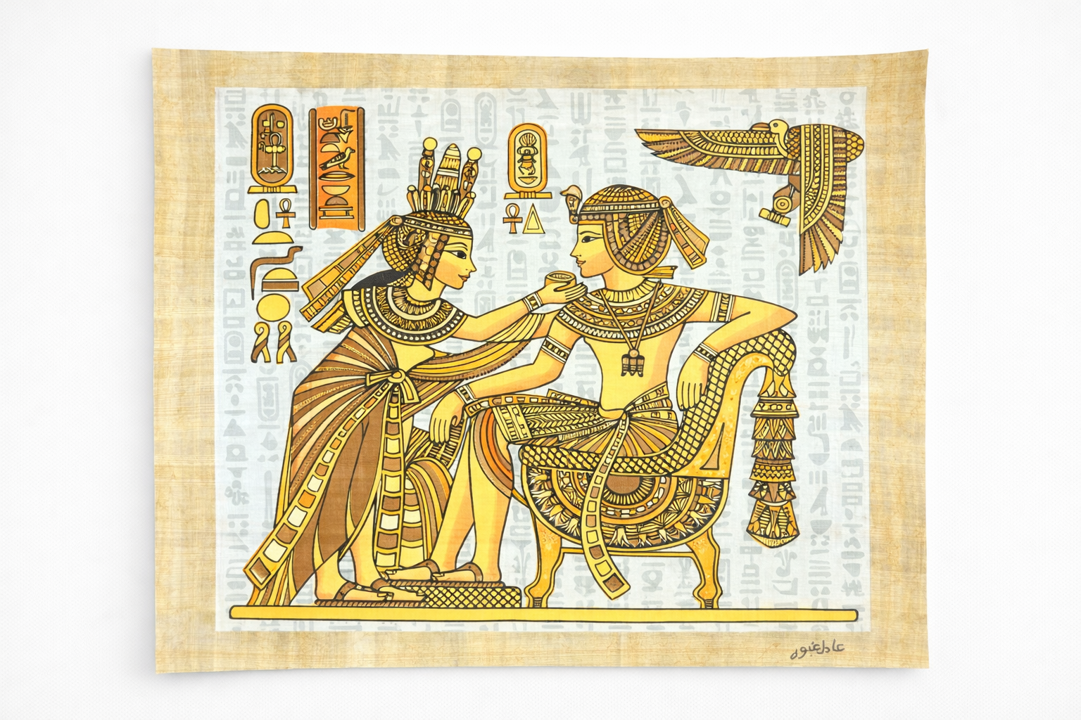 Nefertiti & Pharaoh — Romantic Royal Papyrus Painting — hand-painted Egyptian papyrus art by Cairo artisans