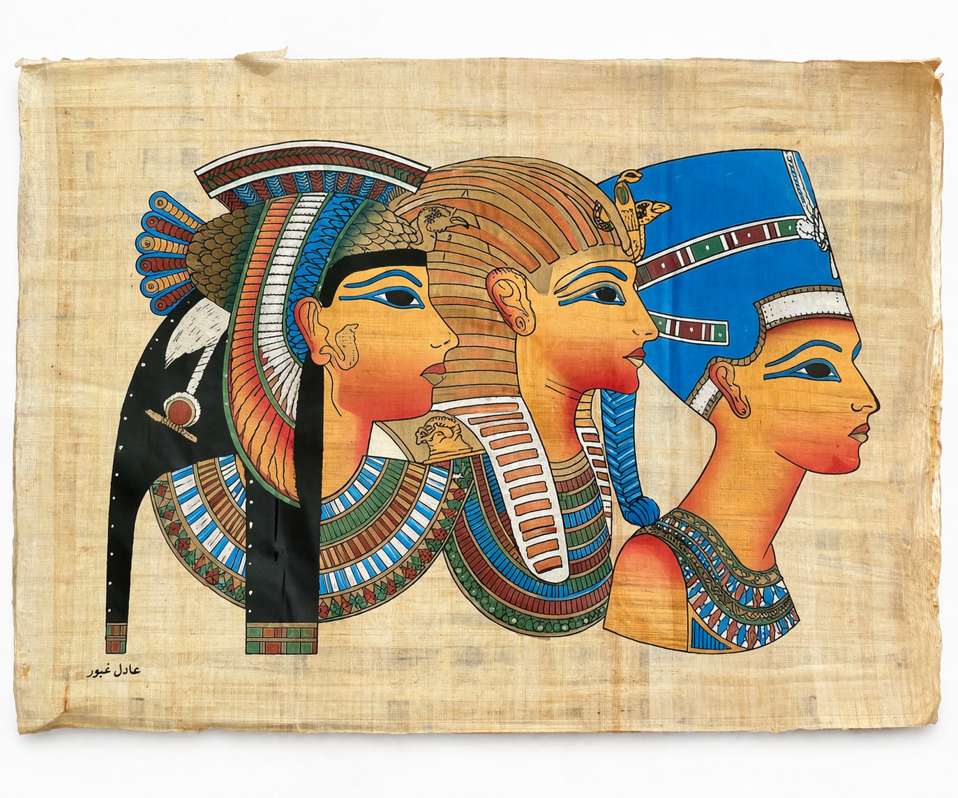 Three Royals of Egypt — Triple Portrait Papyrus Painting — hand-painted Egyptian papyrus art by Cairo artisans