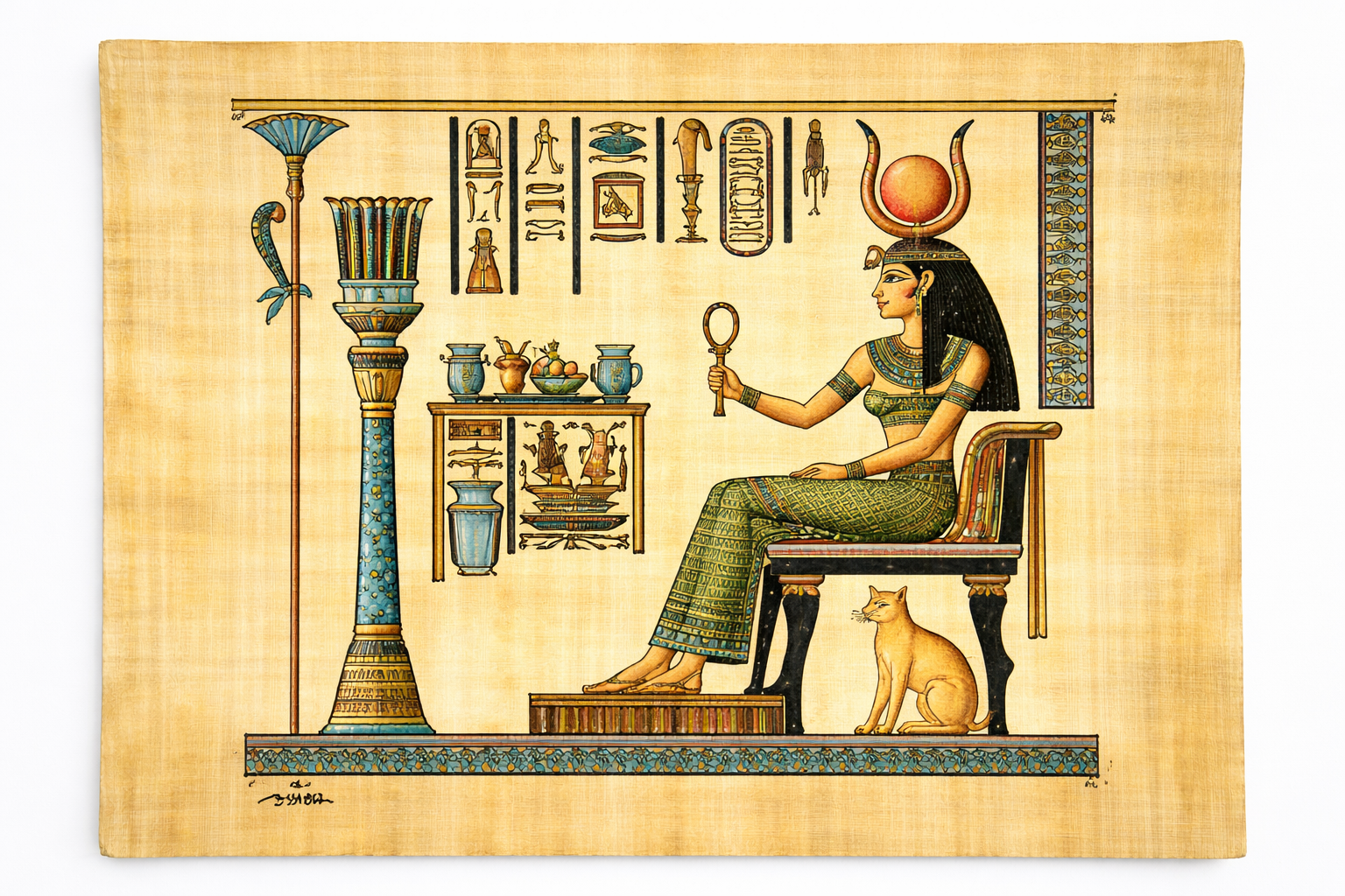 Goddess Isis with Sacred Cat — Hand-Painted Papyrus Art — hand-painted Egyptian papyrus art by Cairo artisans