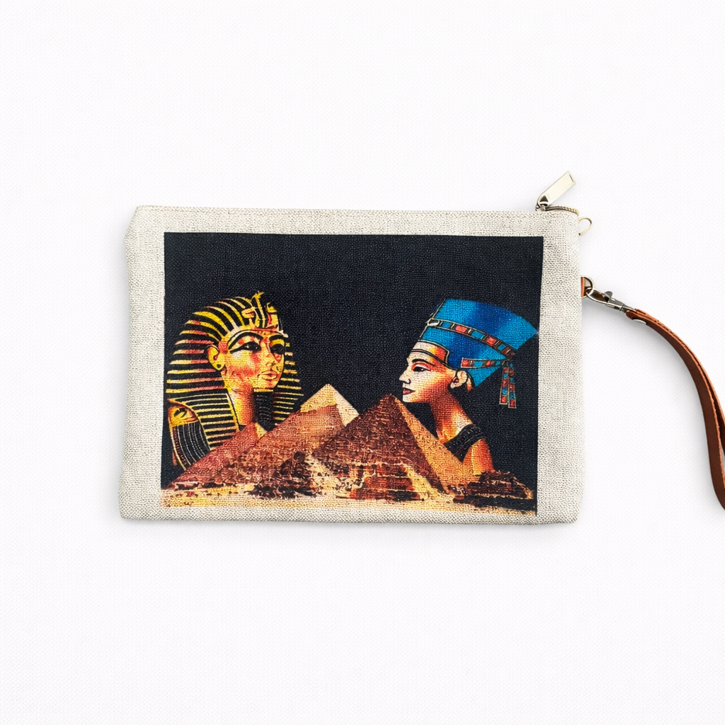 Tutankhamun & Nefertiti Clutch — Egyptian Cosmetic Pouch — handcrafted Egyptian accessory by Cairo artisans