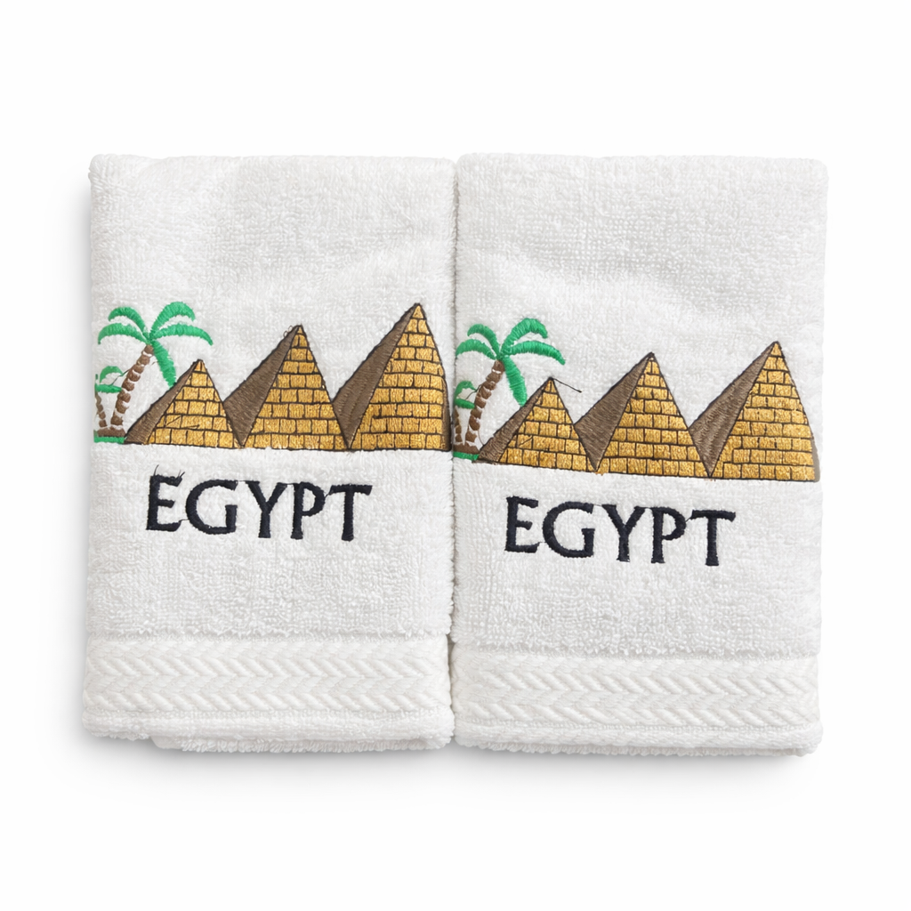 Egyptian Pyramid Hand Towel Set — EGYPT Embroidered Pair — embroidered Egyptian cotton towel by Cairo artisans