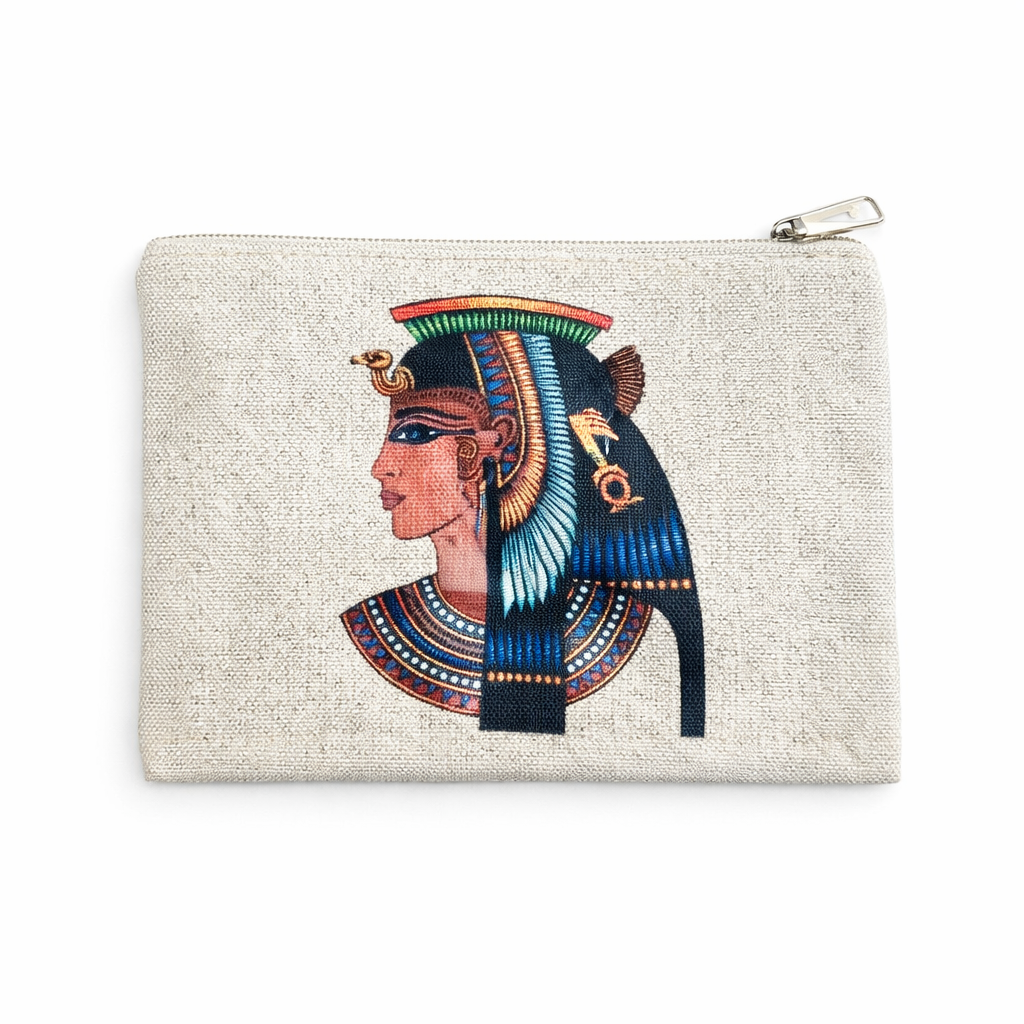 Cleopatra Blue Egyptian Cosmetic Pouch — Linen Zip Bag — handcrafted Egyptian accessory by Cairo artisans