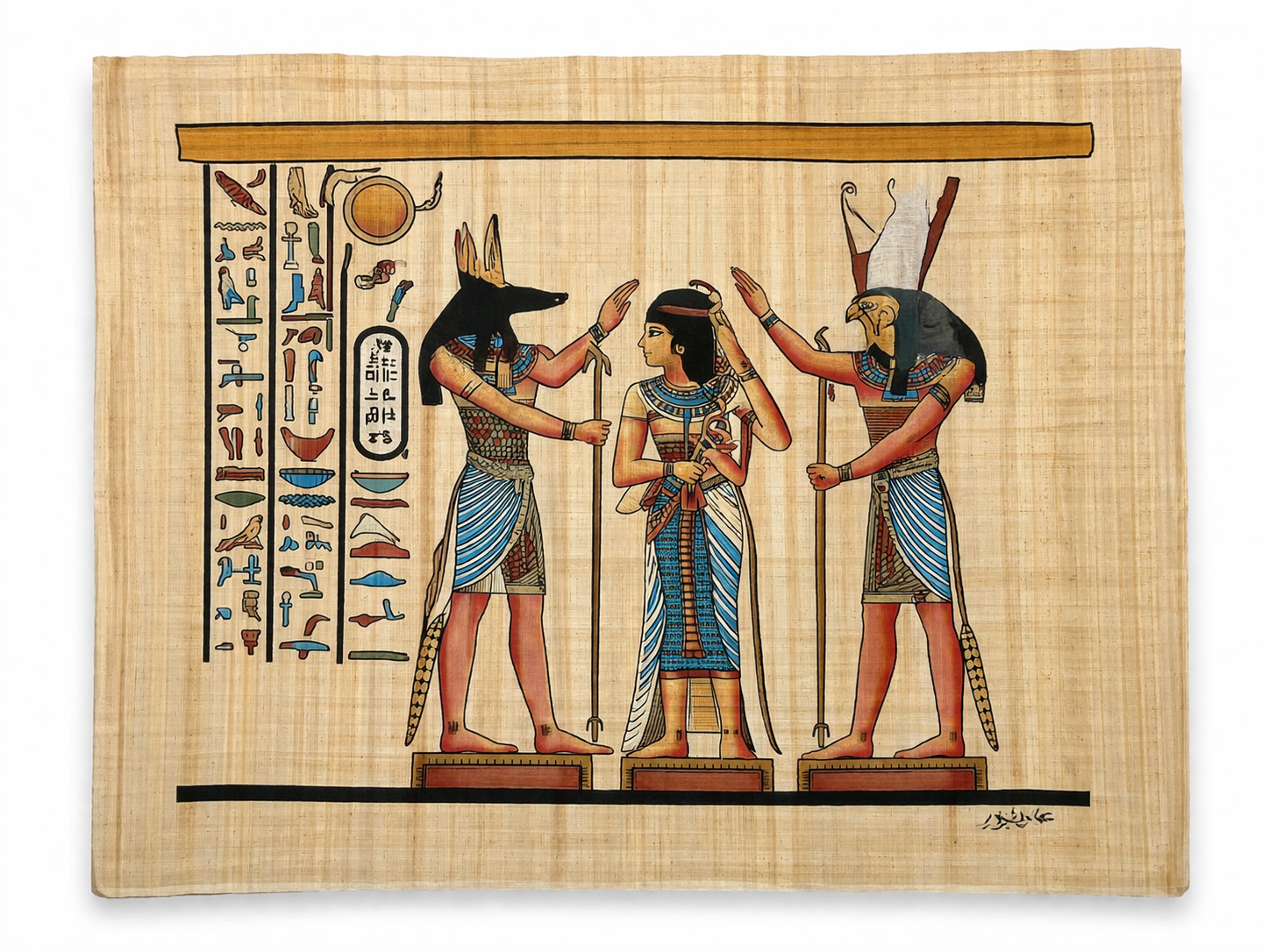 Afterlife Journey — Queen Guided by Anubis & Horus — hand-painted Egyptian papyrus art by Cairo artisans