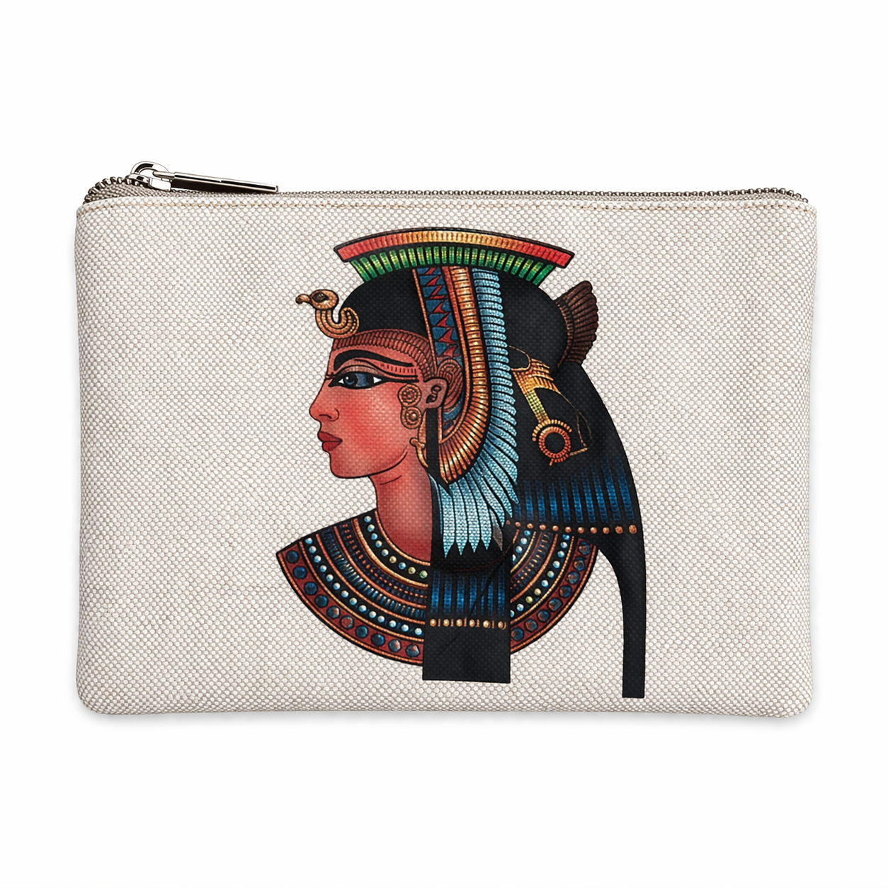 Cleopatra Close-Up Linen Cosmetic Pouch — Egyptian Zip Bag — handcrafted Egyptian accessory by Cairo artisans