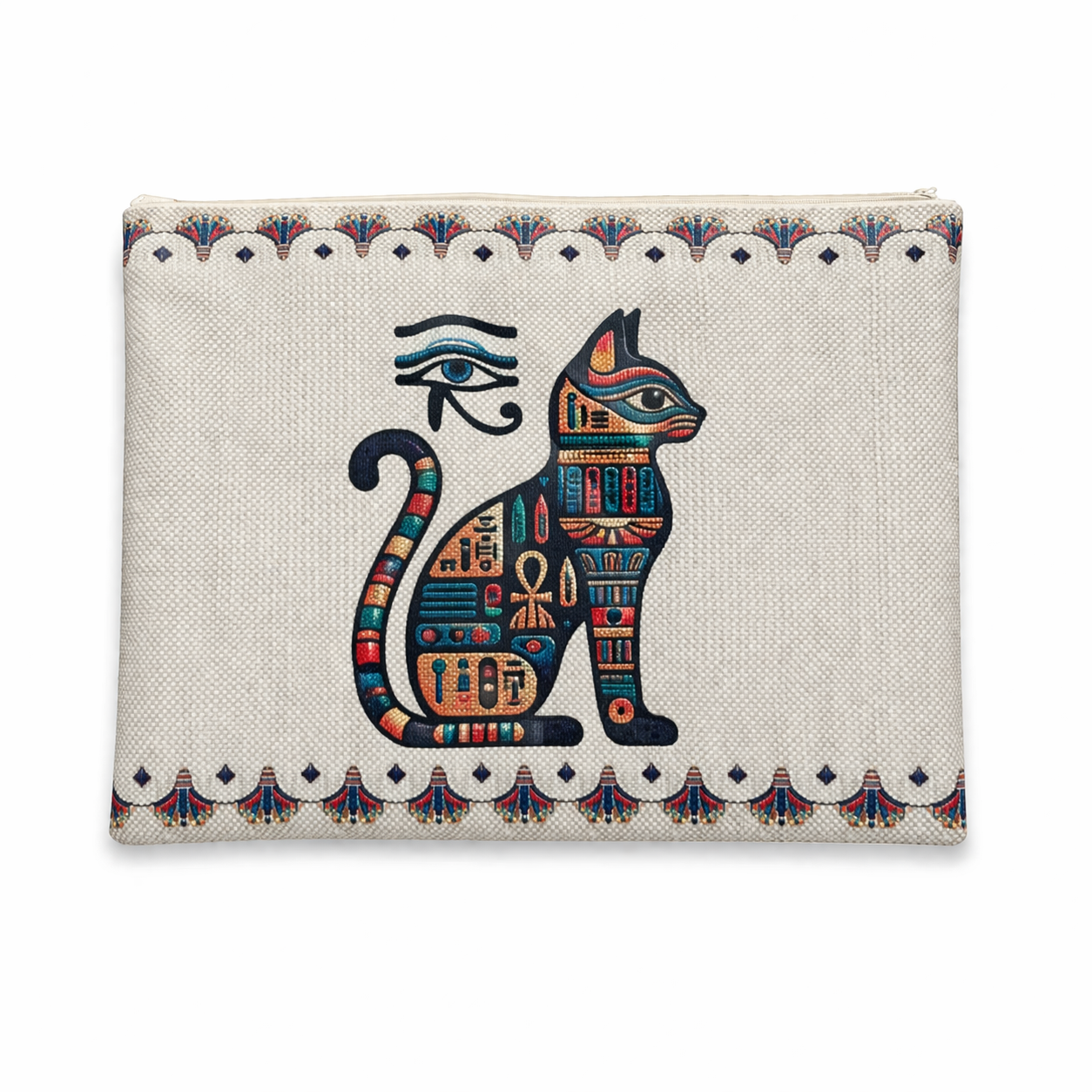 Sacred Bastet Cat Wristlet Clutch — Egyptian Hieroglyphic Linen Bag — handcrafted Egyptian accessory by Cairo artisans