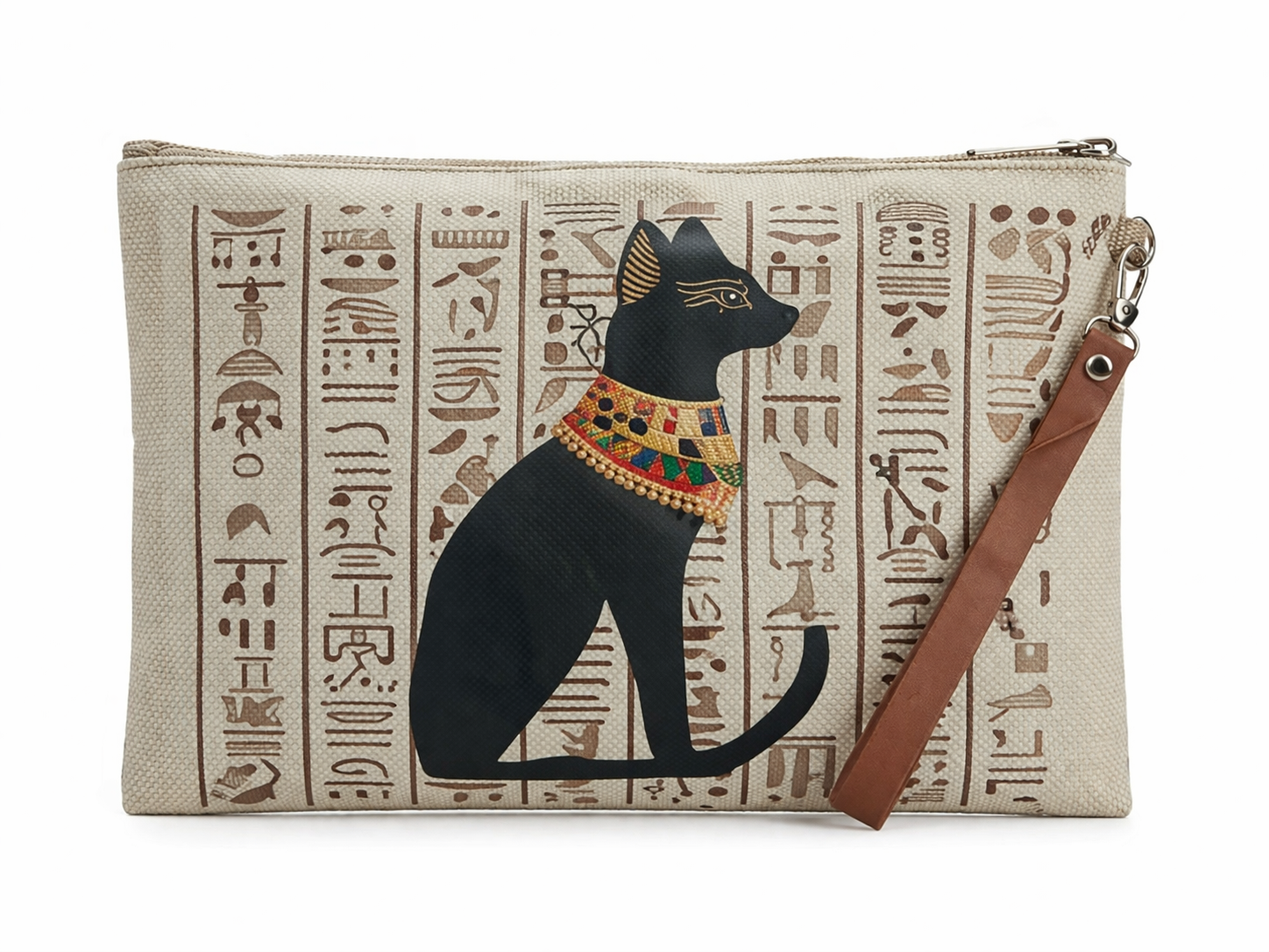 Bastet Cat Hieroglyphic Wristlet Clutch — Premium Linen Bag — handcrafted Egyptian accessory by Cairo artisans