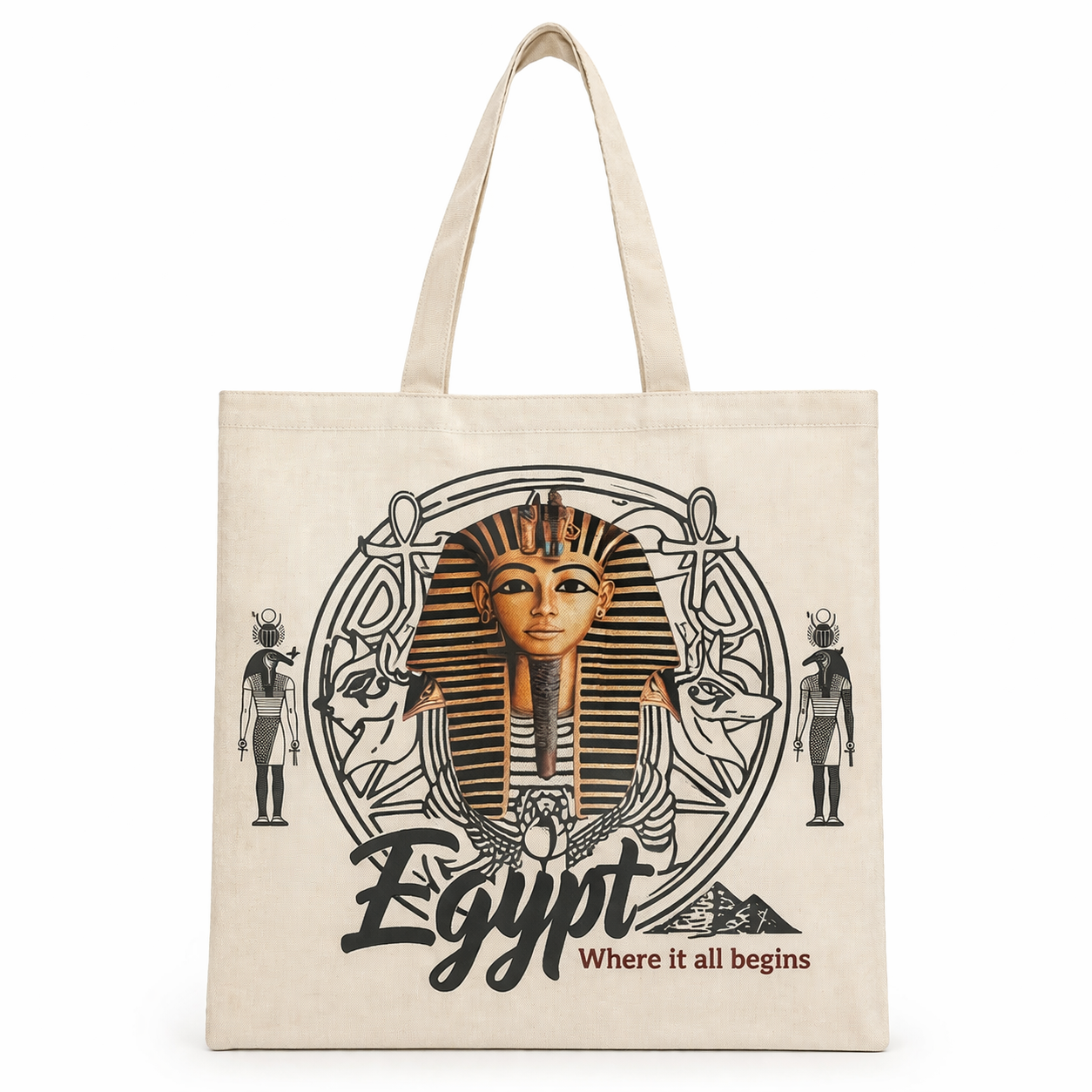 Tutankhamun Egypt Natural Canvas Tote — Where It All Begins — Egyptian canvas tote bag by Cairo artisans