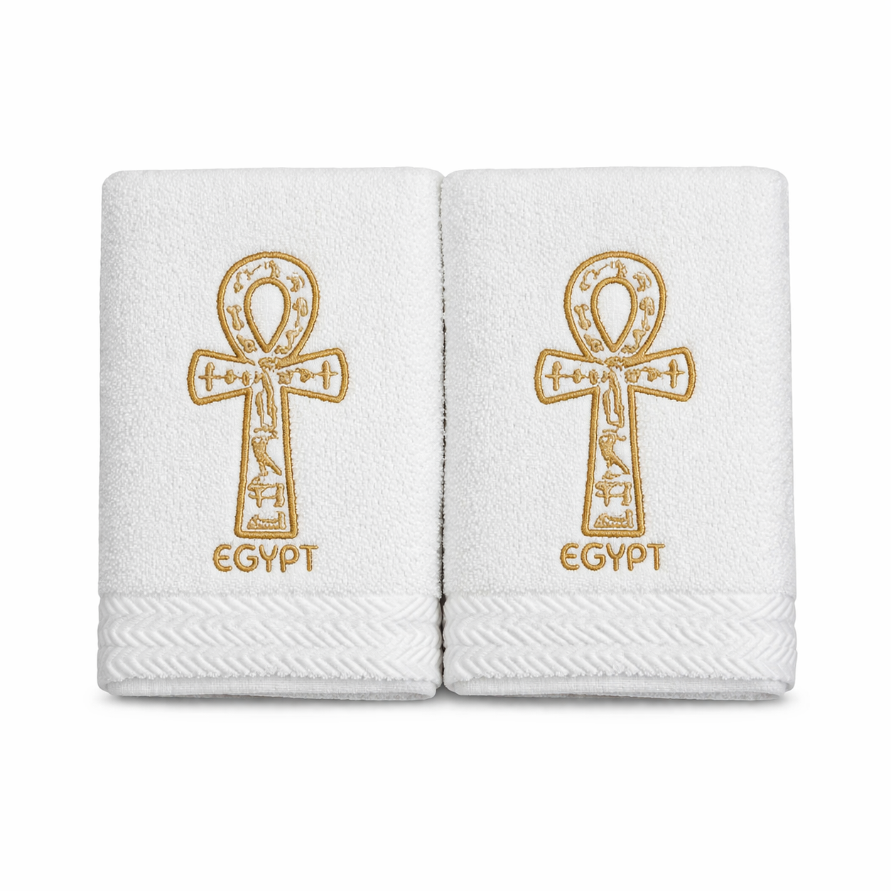 Ankh Embroidered Hand Towel Set — Gold Egyptian Cotton Pair — embroidered Egyptian cotton towel by Cairo artisans