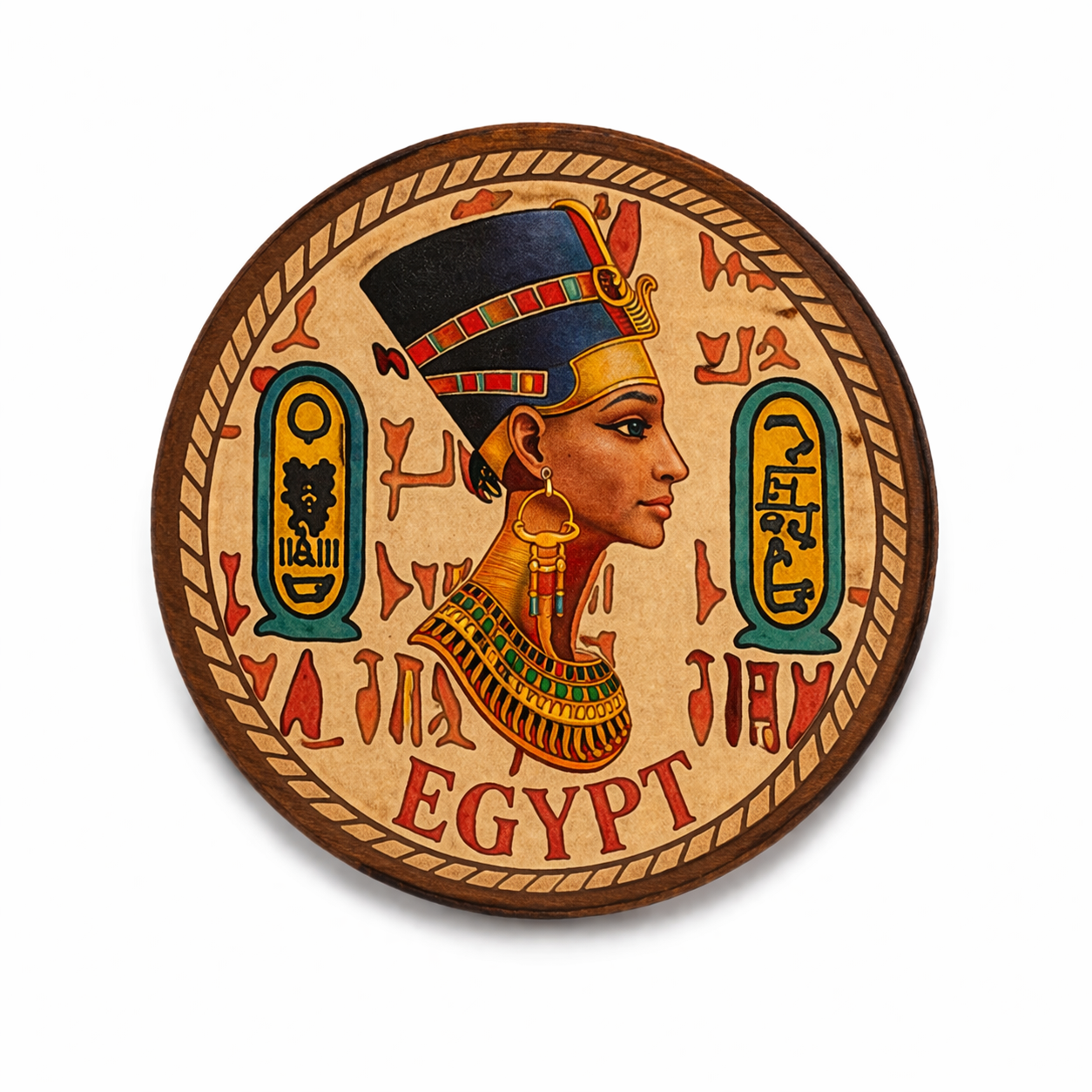 Nefertiti Egypt Round Wooden Coaster — Hand-Painted Keepsake — handcrafted Egyptian home decor by Cairo artisans