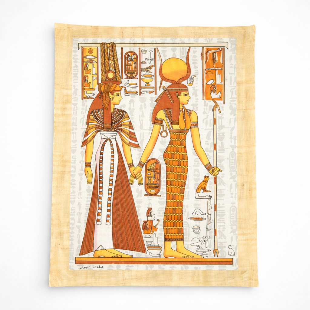 Two Goddesses of Egypt — Nefertiti & Hathor Papyrus Art — hand-painted Egyptian papyrus art by Cairo artisans