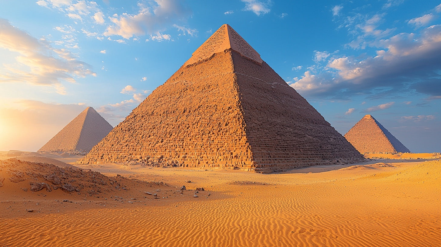 Golden pyramids of Giza at sunset with dramatic sky