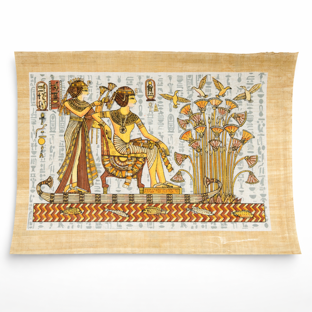 Cleopatra in the Lotus Garden — Papyrus Painting — hand-painted Egyptian papyrus art by Cairo artisans
