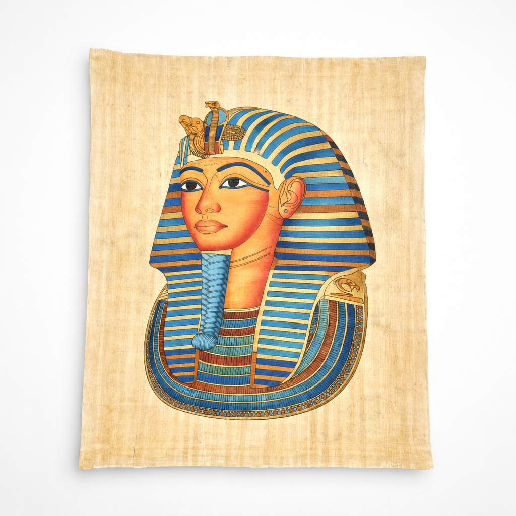 Tutankhamun Death Mask — Blue & Gold Papyrus Portrait — hand-painted Egyptian papyrus art by Cairo artisans