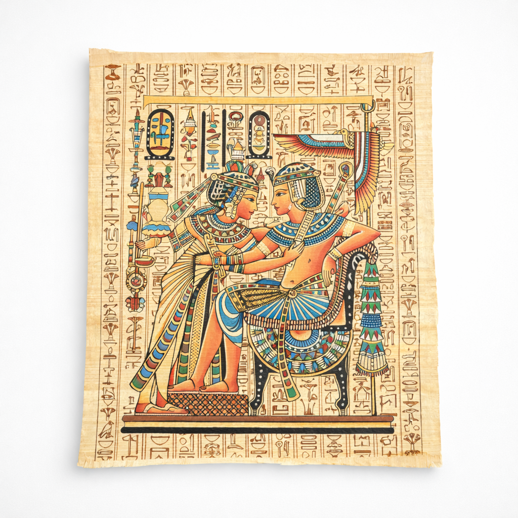 Pharaoh & Queen — Romantic Royal Scene Papyrus Painting — hand-painted Egyptian papyrus art by Cairo artisans