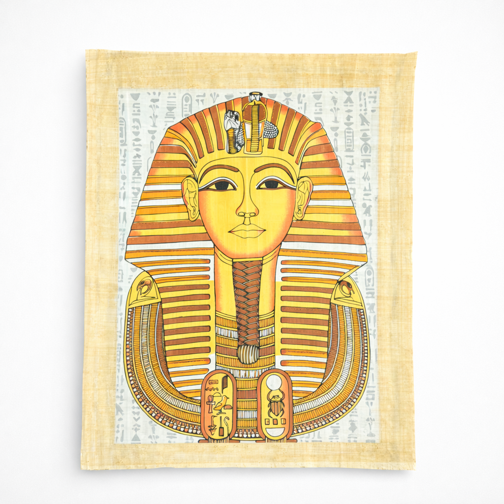 Tutankhamun Golden Death Mask — Hand-Painted Papyrus Portrait — hand-painted Egyptian papyrus art by Cairo artisans