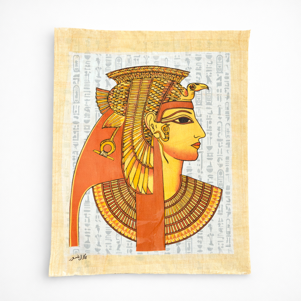 Queen Cleopatra Profile — Vulture Headdress Papyrus Portrait — hand-painted Egyptian papyrus art by Cairo artisans