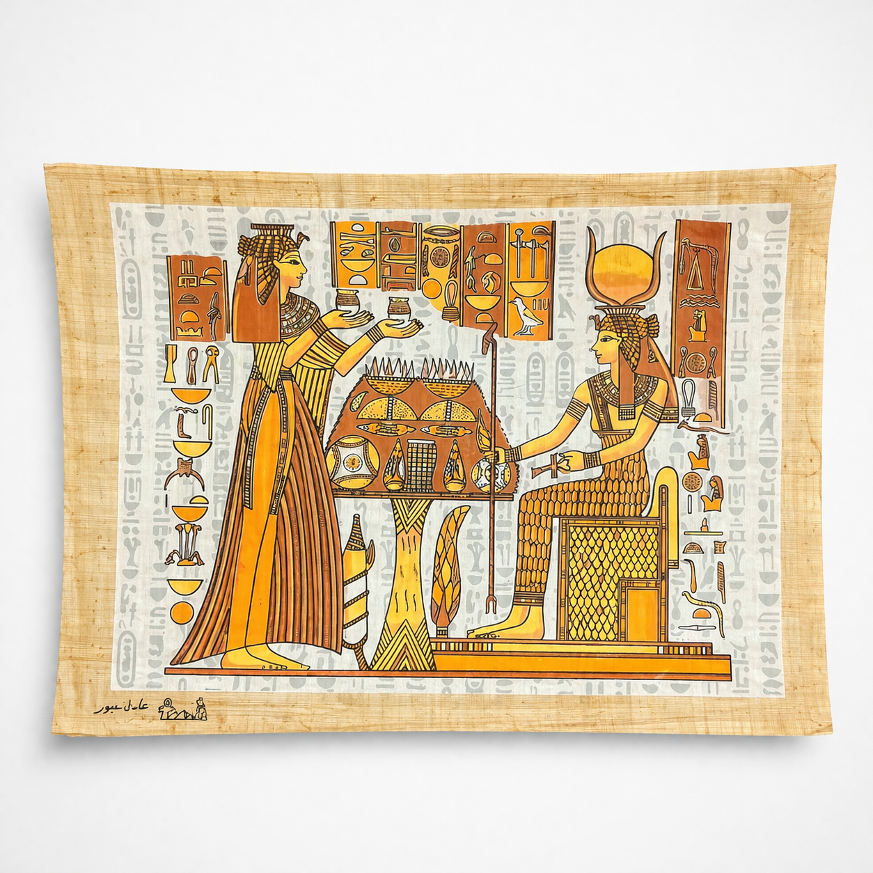 Egyptian Goddess Offering Ceremony — Hand-Painted Papyrus Art — hand-painted Egyptian papyrus art by Cairo artisans
