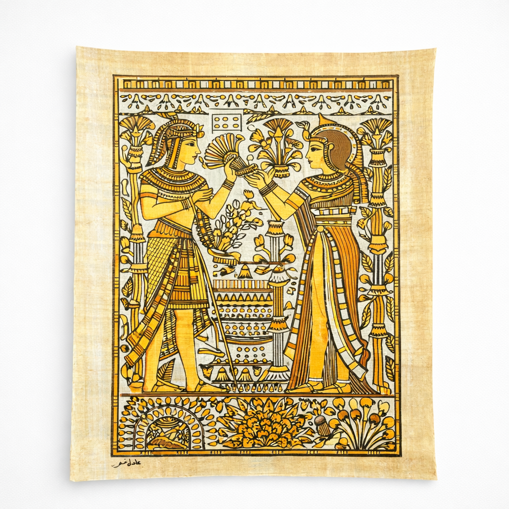 Egyptian Lotus Banquet — Monochrome Papyrus Painting — hand-painted Egyptian papyrus art by Cairo artisans