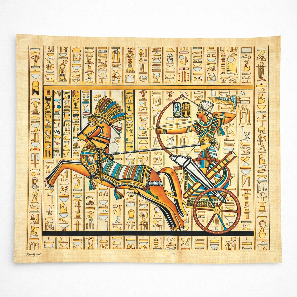 Pharaoh's Battle Chariot — Warrior King on Authentic Papyrus — hand-painted Egyptian papyrus art by Cairo artisans