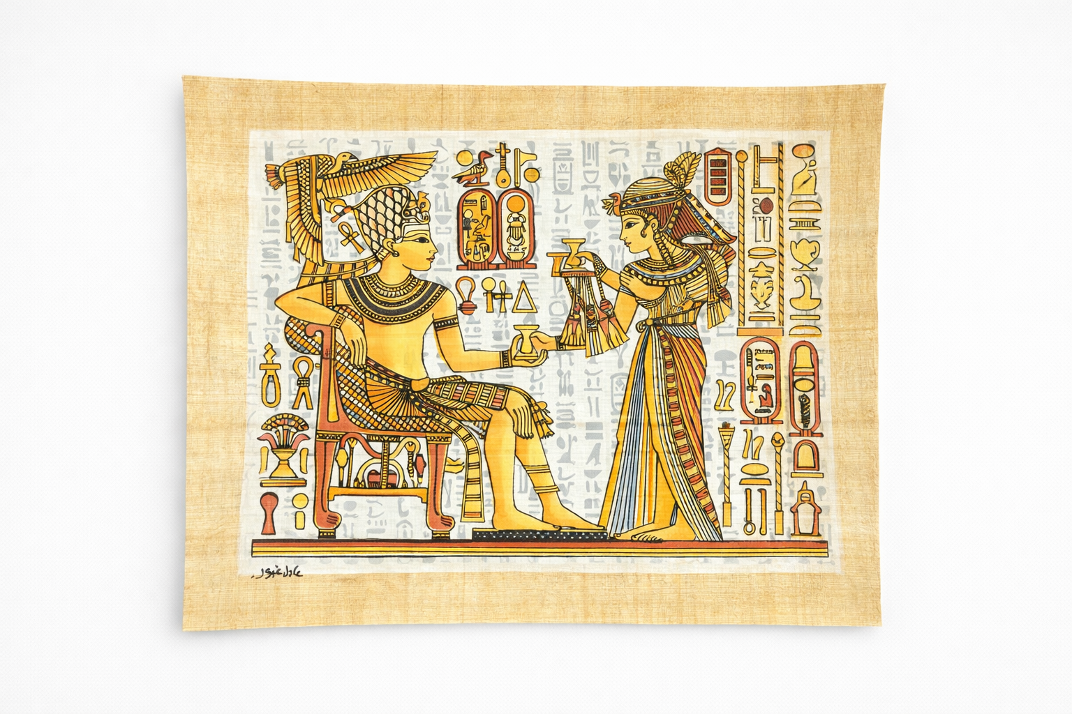 Royal Throne Ceremony — Pharaoh & Queen Papyrus Painting — hand-painted Egyptian papyrus art by Cairo artisans