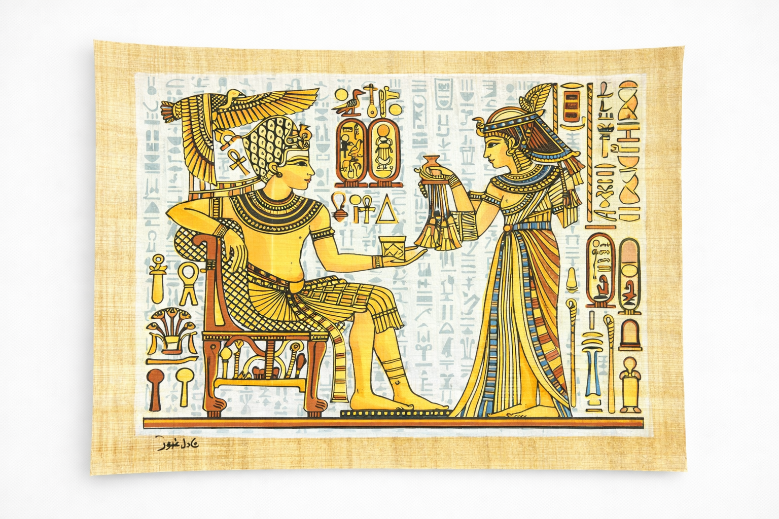Royal Offering — Pharaoh on Throne Papyrus Painting — hand-painted Egyptian papyrus art by Cairo artisans