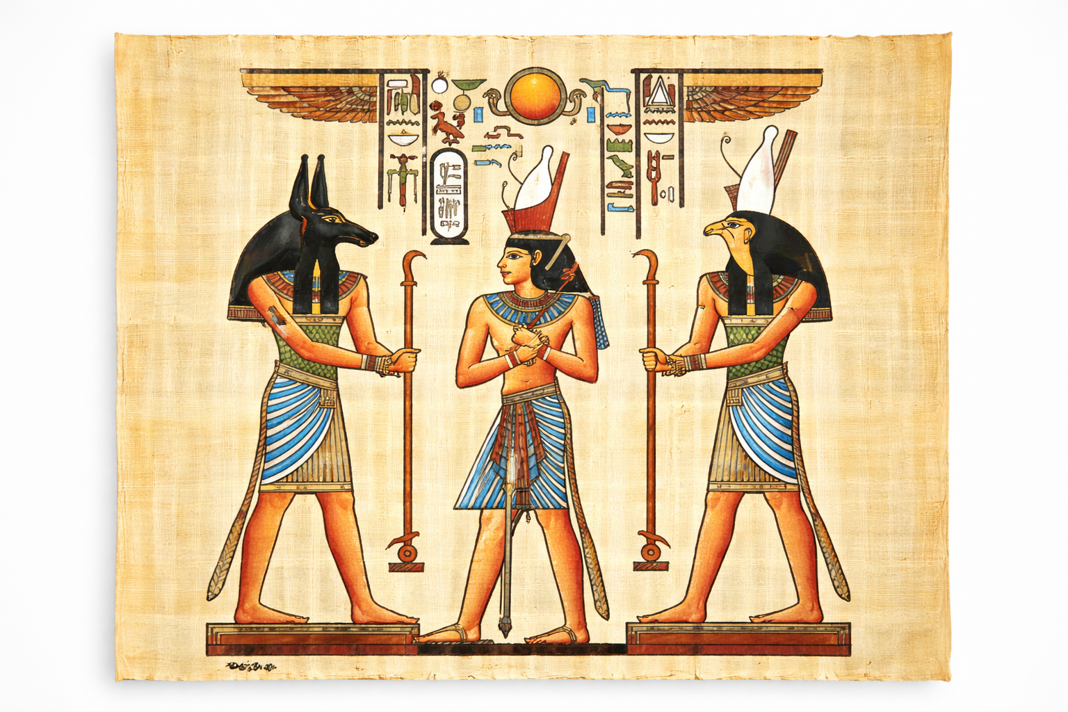 Divine Escort — Pharaoh Guided by Anubis & Horus — hand-painted Egyptian papyrus art by Cairo artisans