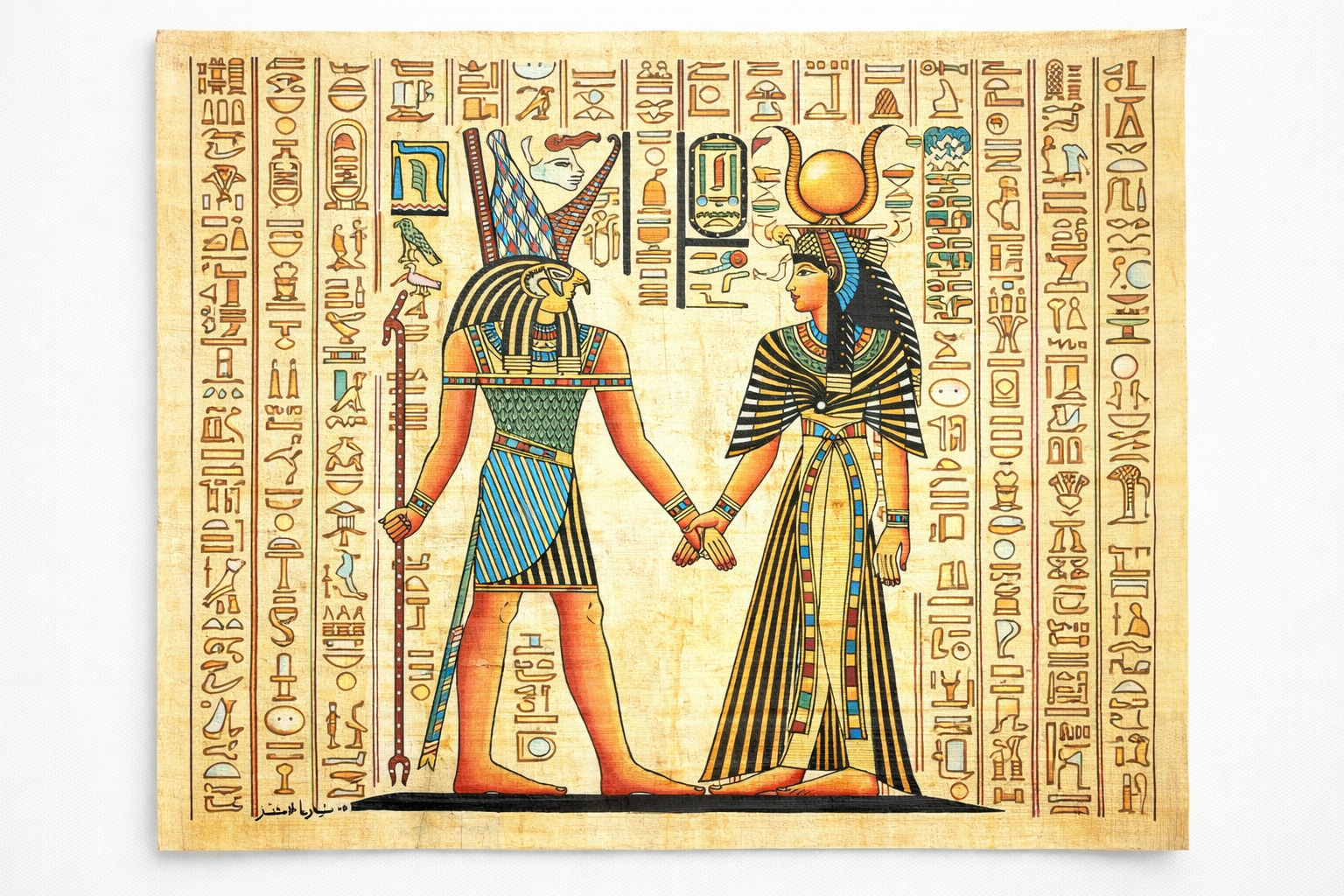 God Horus & Goddess Hathor — Divine Union Papyrus Painting — hand-painted Egyptian papyrus art by Cairo artisans