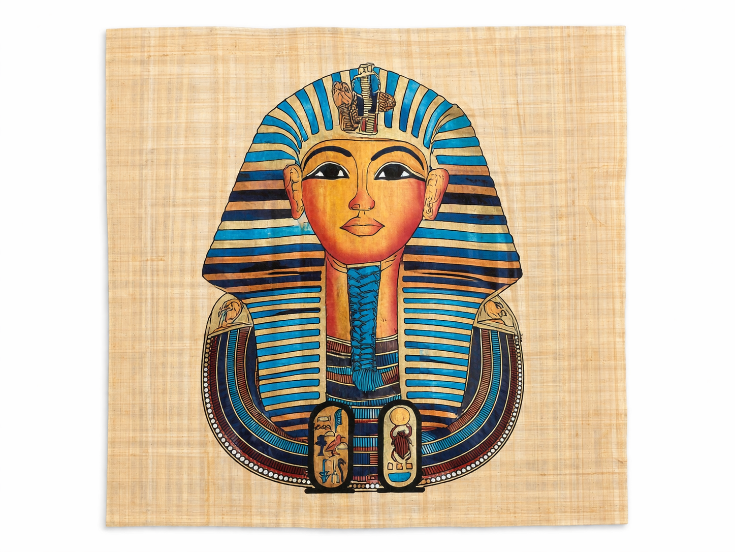 Tutankhamun Square Portrait — Hand-Painted Papyrus Art — hand-painted Egyptian papyrus art by Cairo artisans