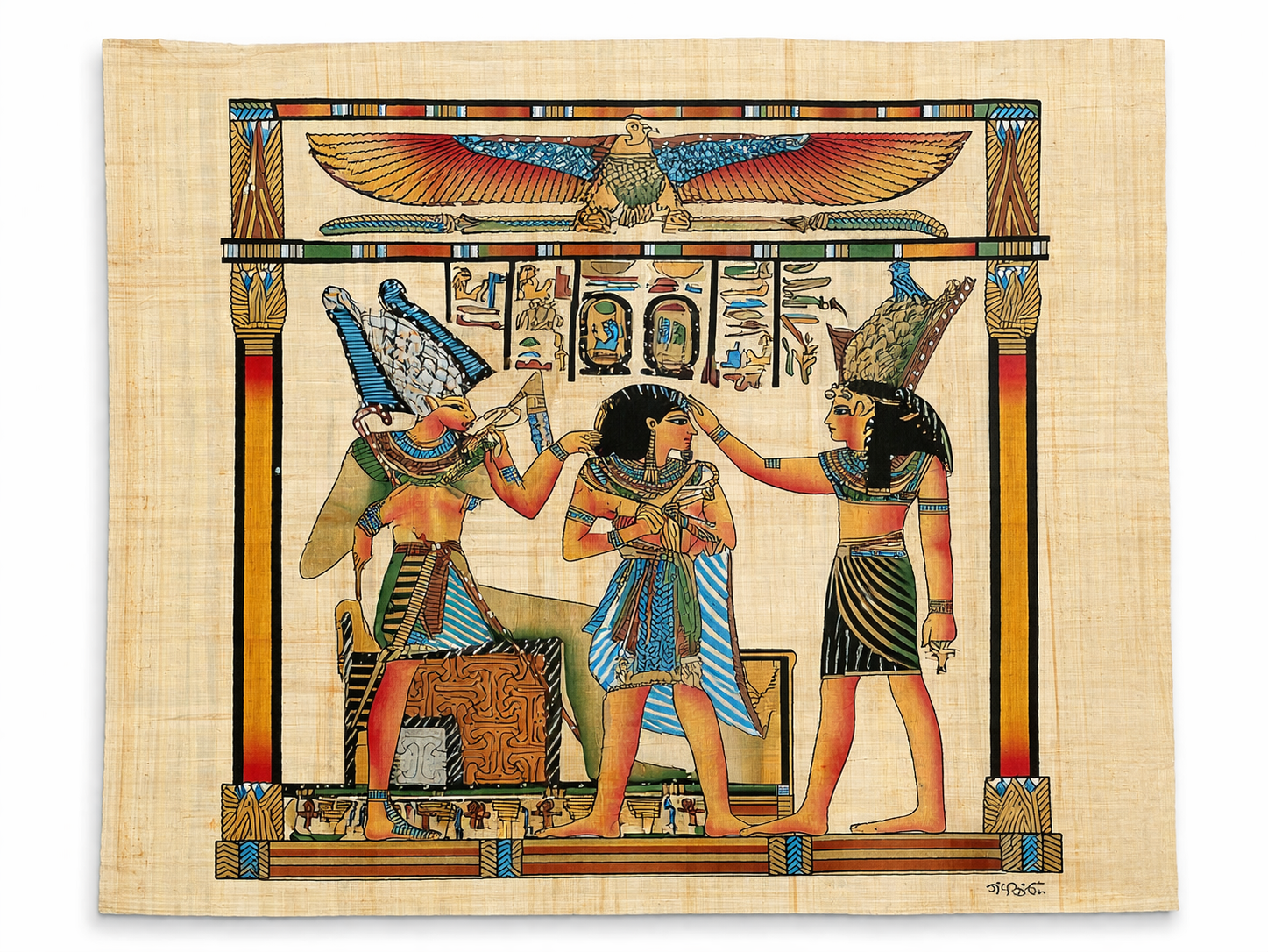 Pharaoh Coronation — Horus & Thoth Papyrus Painting — hand-painted Egyptian papyrus art by Cairo artisans