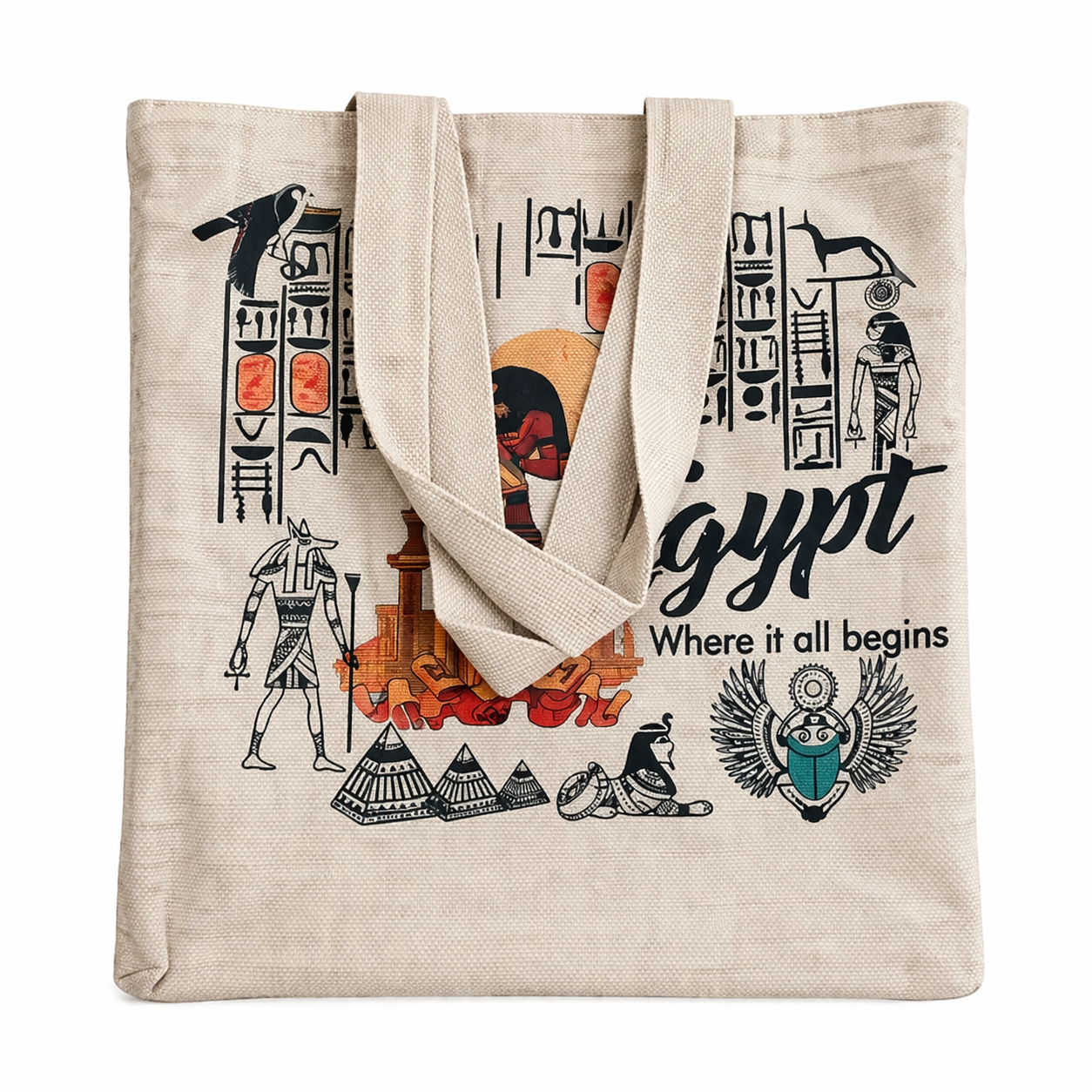 Egypt Where It All Begins — Hieroglyphic Canvas Tote Bag — Egyptian canvas tote bag by Cairo artisans