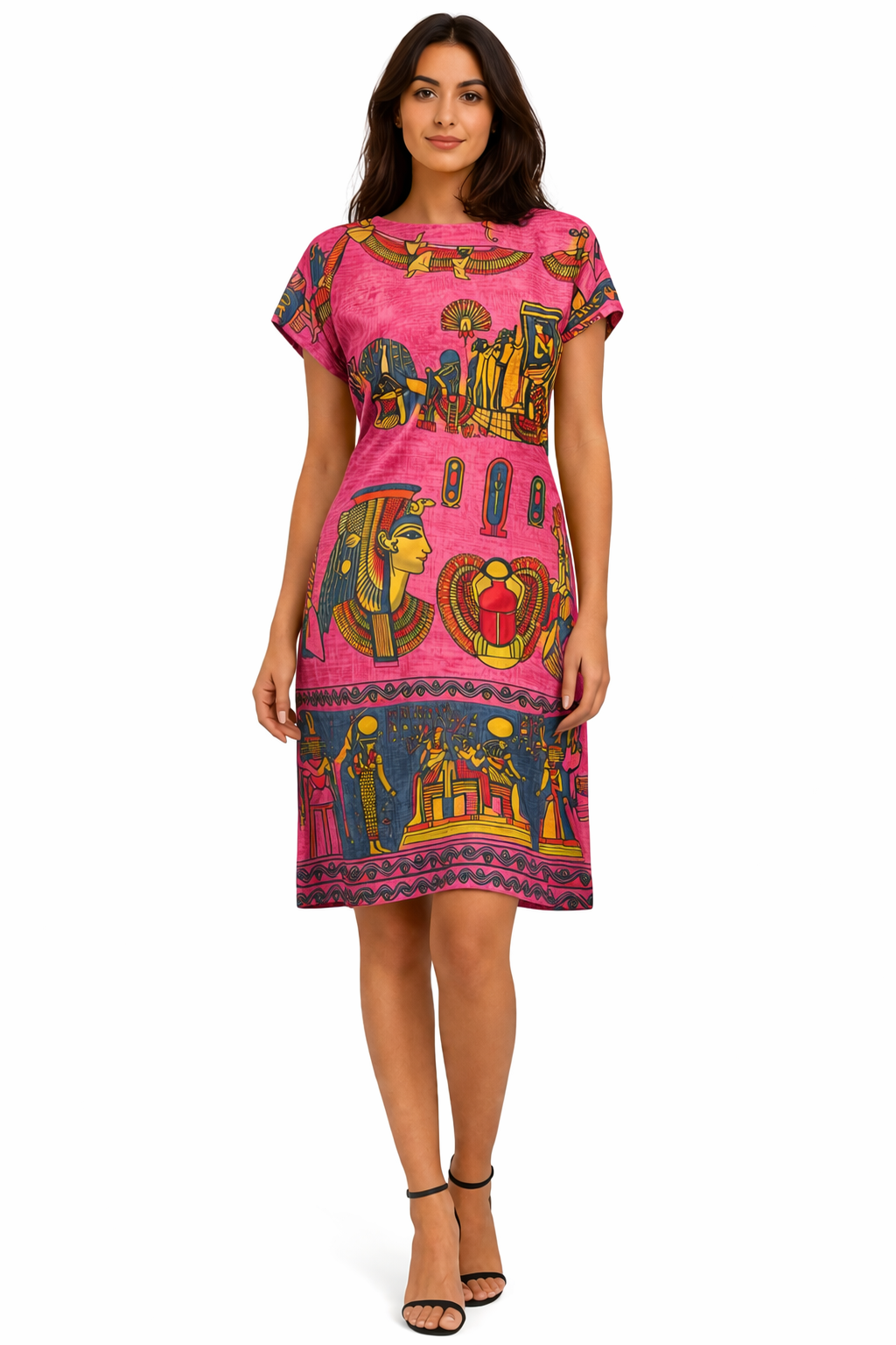 Egyptian Pharaonic Print Dress — Bold Pink Motif — Egyptian pharaonic print clothing by Cairo artisans