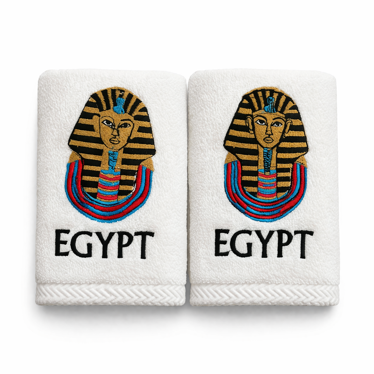 Tutankhamun Embroidered Hand Towel Set — Egyptian Cotton Pair — embroidered Egyptian cotton towel by Cairo artisans