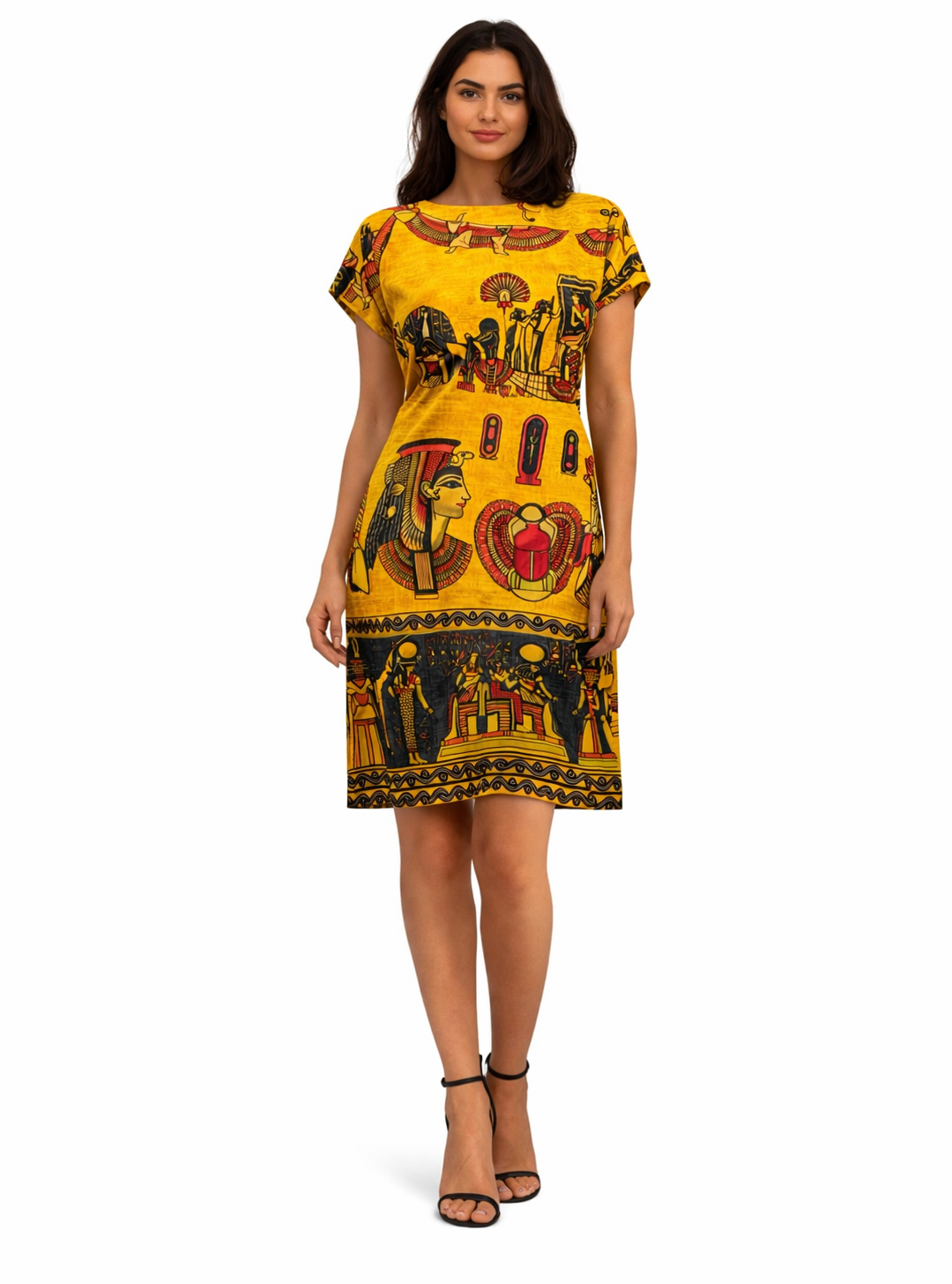 Egyptian Gods Print Dress — Golden Pharaonic Linen Shift — Egyptian pharaonic print clothing by Cairo artisans