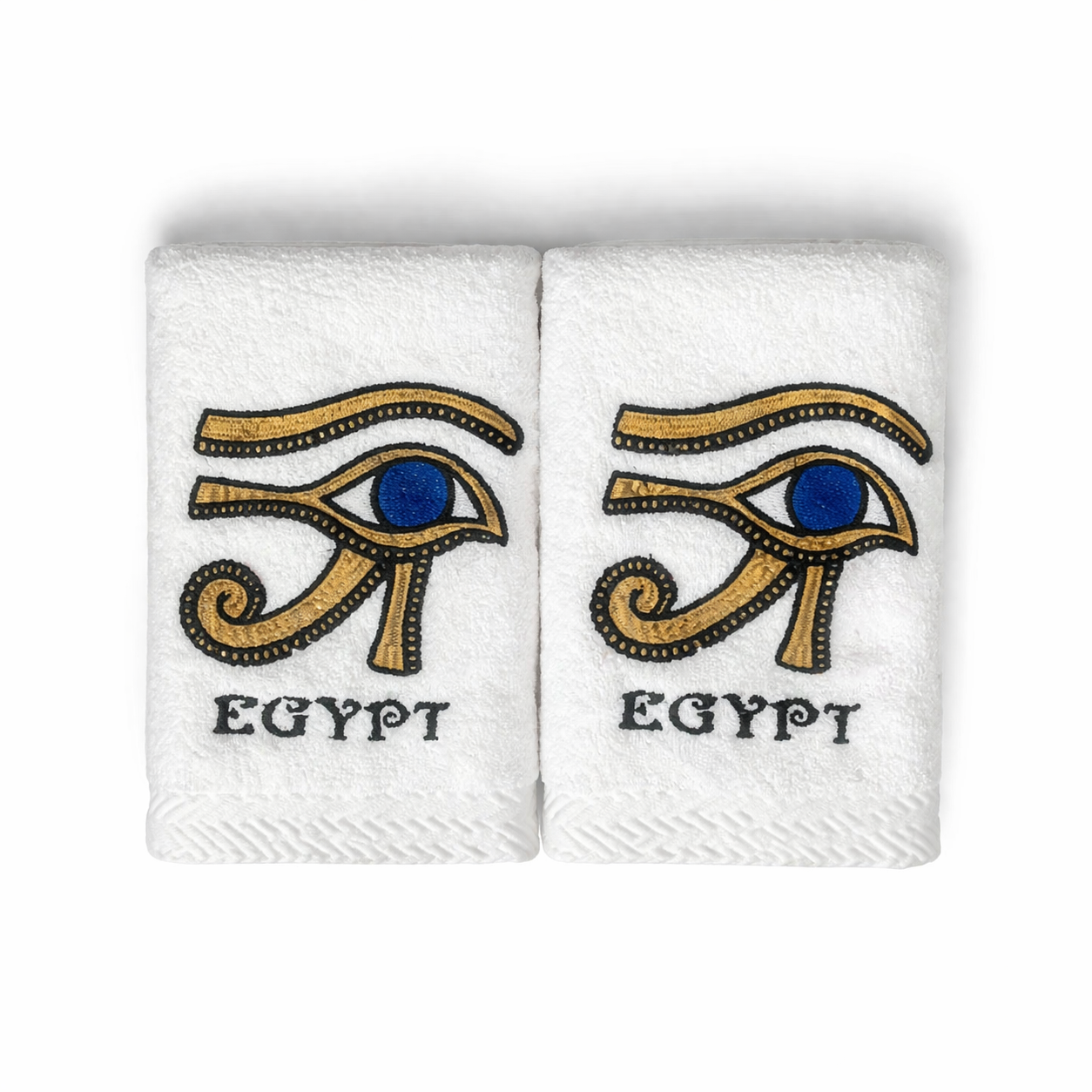 Eye of Ra Embroidered Hand Towel Set — Egyptian Cotton Pair — embroidered Egyptian cotton towel by Cairo artisans