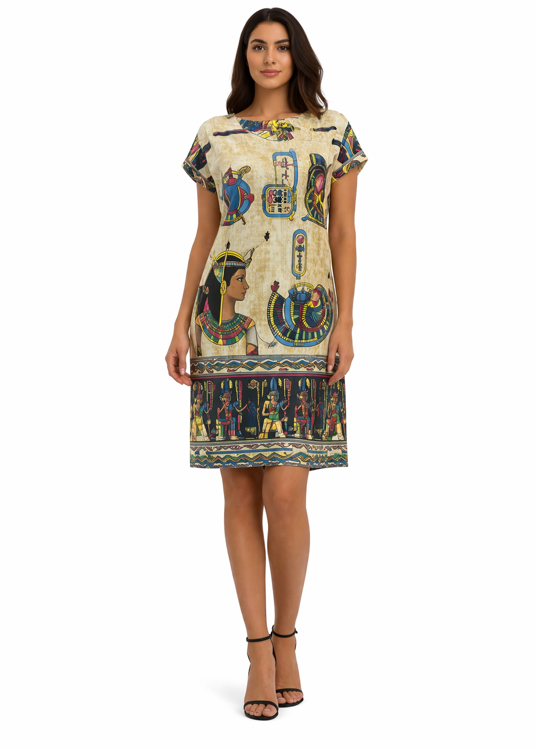 Cleopatra Egyptian Print Dress — Beige Pharaonic Art Fashion — Egyptian pharaonic print clothing by Cairo artisans