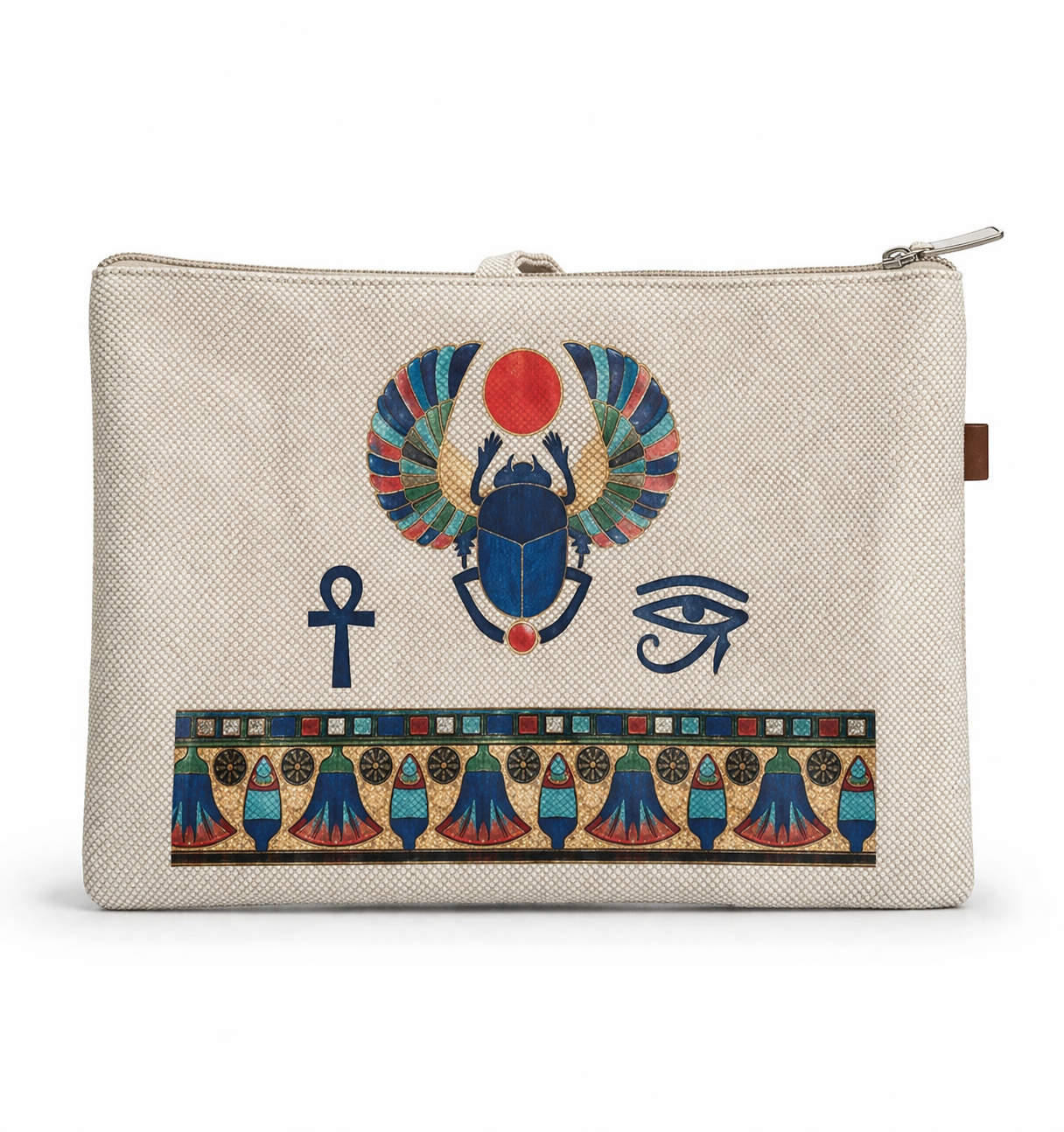Sacred Scarab & Ankh Linen Cosmetic Pouch — Egyptian Symbols — handcrafted Egyptian accessory by Cairo artisans