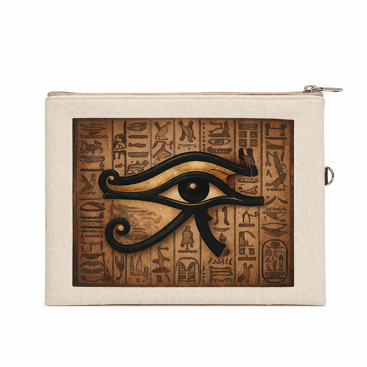Eye of Ra Stone Relief Linen Cosmetic Pouch — Ancient Hieroglyphic — handcrafted Egyptian accessory by Cairo artisans