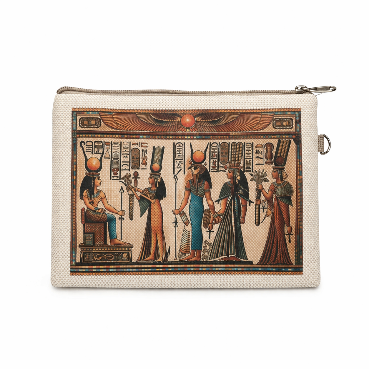 Egyptian Goddesses Panorama Linen Cosmetic Pouch — Temple Scene — handcrafted Egyptian accessory by Cairo artisans