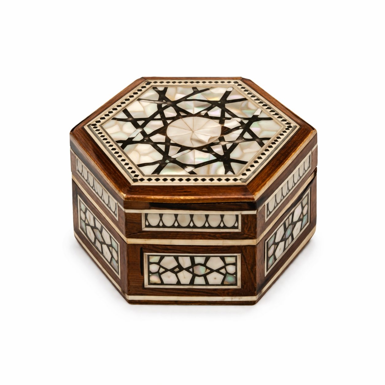 Egyptian Mosaic Octagonal Jewelry Box — Mother-of-Pearl Inlay Keepsake — handcrafted Egyptian home decor by Cairo artisans