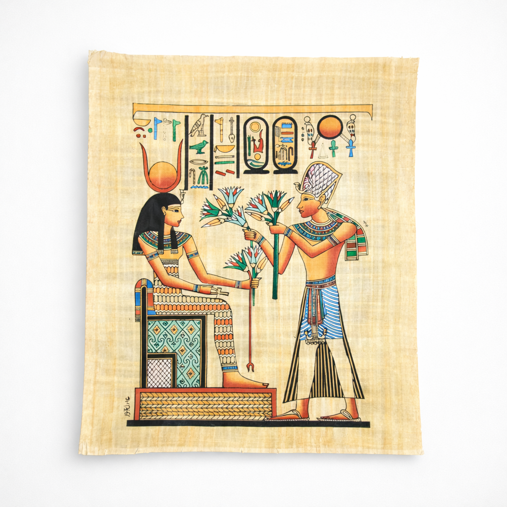 Egyptian Couple with Lotus Flowers — Colourful Papyrus Art — hand-painted Egyptian papyrus art by Cairo artisans