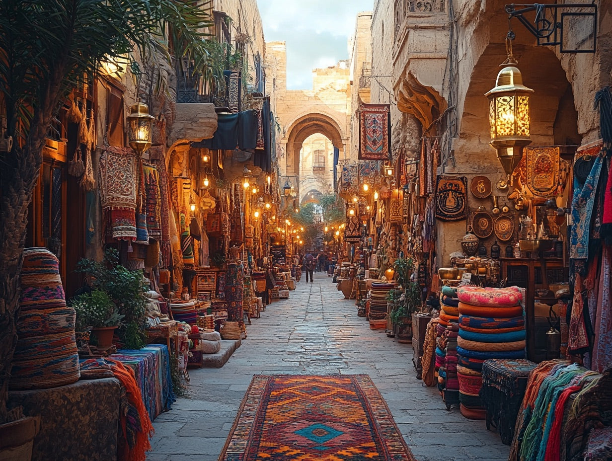 Egyptian bazaar market scene with artisan goods