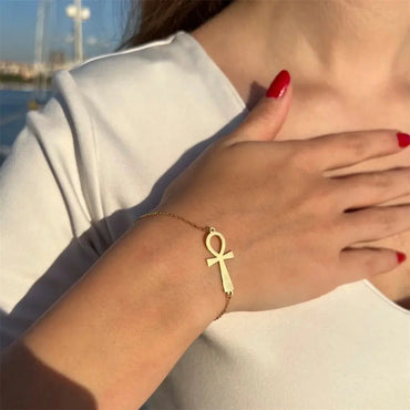 Egypt Ankh Bracelet for Women Gold Color Stainless Steel Minimalist Ancient Cross Wrist Chain Bangle Vintage Egyptian Jewelry - Sands Of Giza