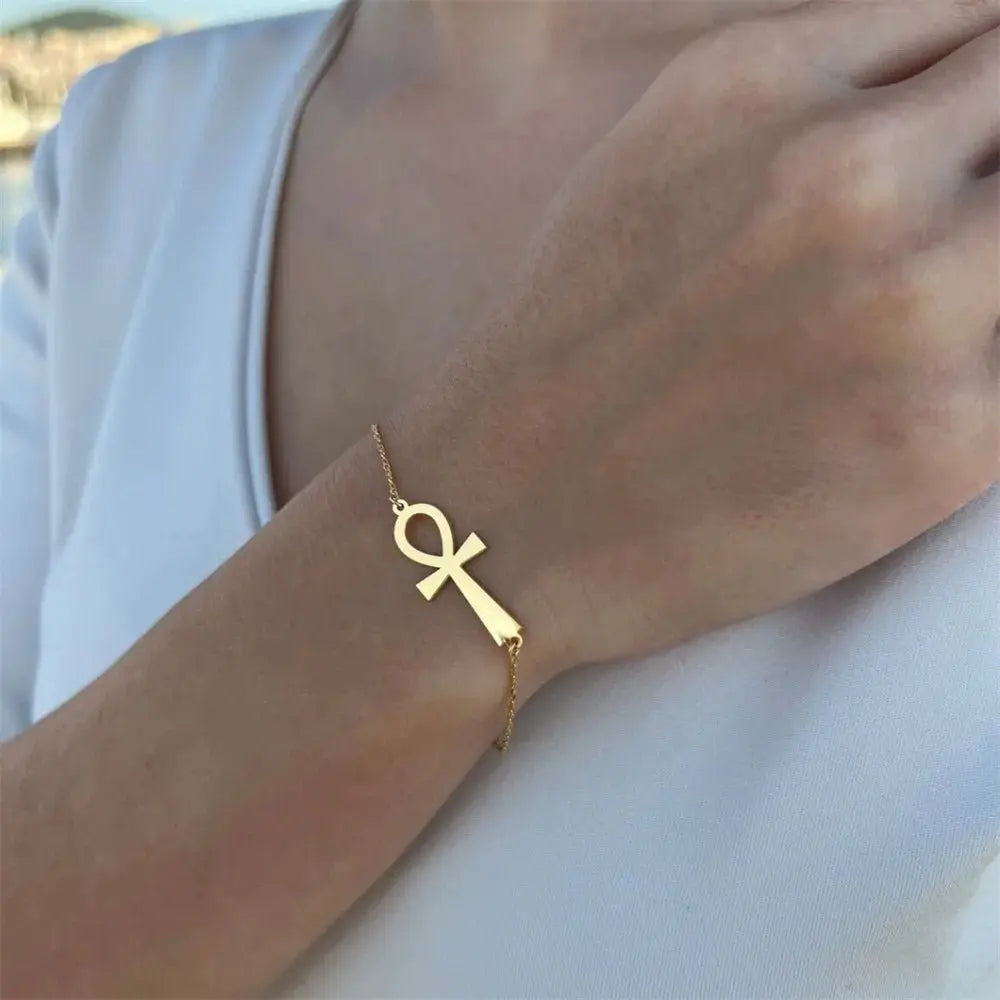 Egypt Ankh Bracelet for Women Gold Color Stainless Steel Minimalist Ancient Cross Wrist Chain Bangle Vintage Egyptian Jewelry - Sands Of Giza