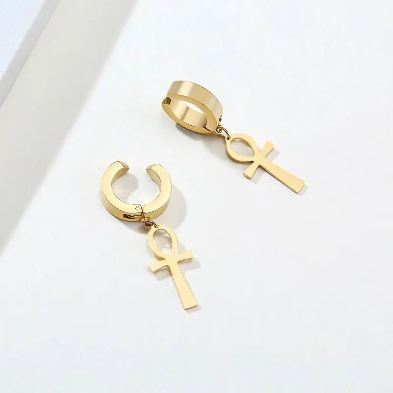 Gold Color Ankh Cross Earrings Men Stainless Steel Egyptian Cross Jewelry Women Egypt Hieroglyphs Crux Jewelry - Sands Of Giza