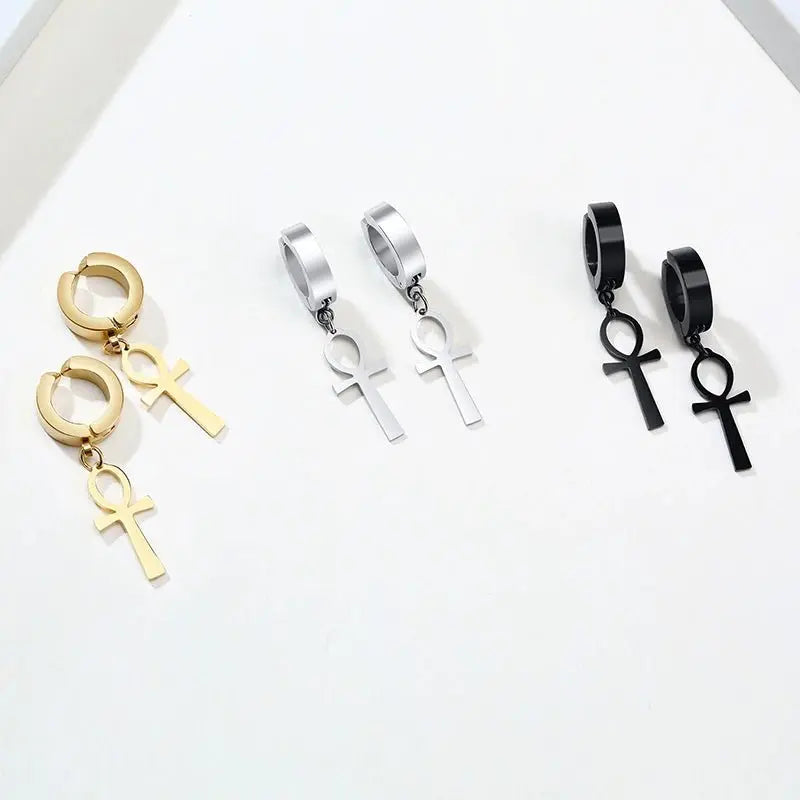 Gold Color Ankh Cross Earrings Men Stainless Steel Egyptian Cross Jewelry Women Egypt Hieroglyphs Crux Jewelry - Sands Of Giza